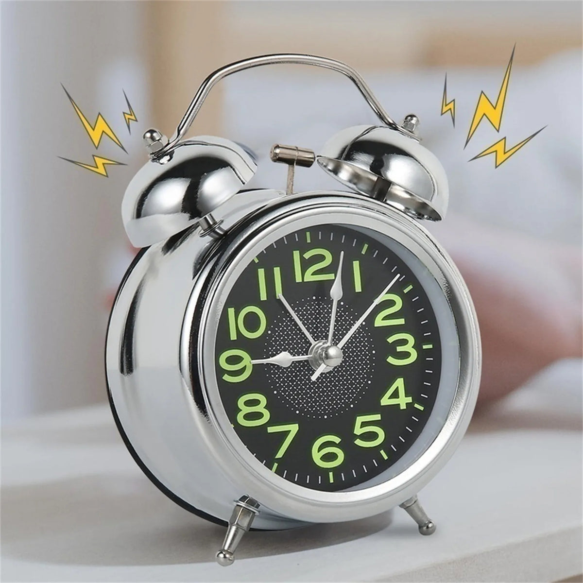 réveil horloge double cloche noir vert luminescent cadran texturé vintage classique pieds support