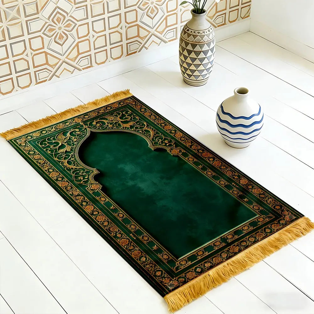 tapis prière vert or ornements floraux traditionnel usage multiple voyage intérieur