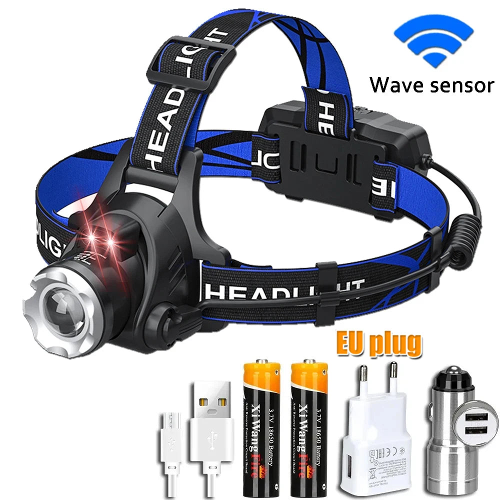 lampe frontale led rechargeable usb noir bleu rayures ajustable ceinture modes luminosité ipx4 water