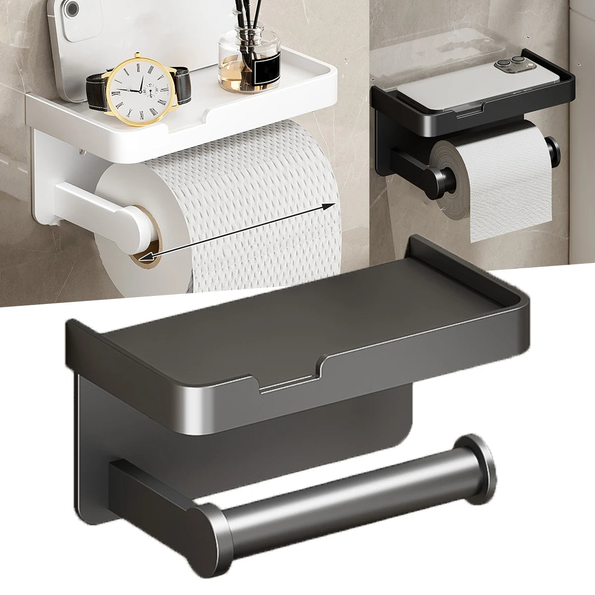 support papier toilette acier inoxydable gris blanc moderne minimaliste tablette adhésif