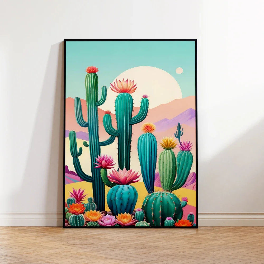 toile peinte cactus paysage désertique motif floral contemporain vert bleu rose jaune gris blanc