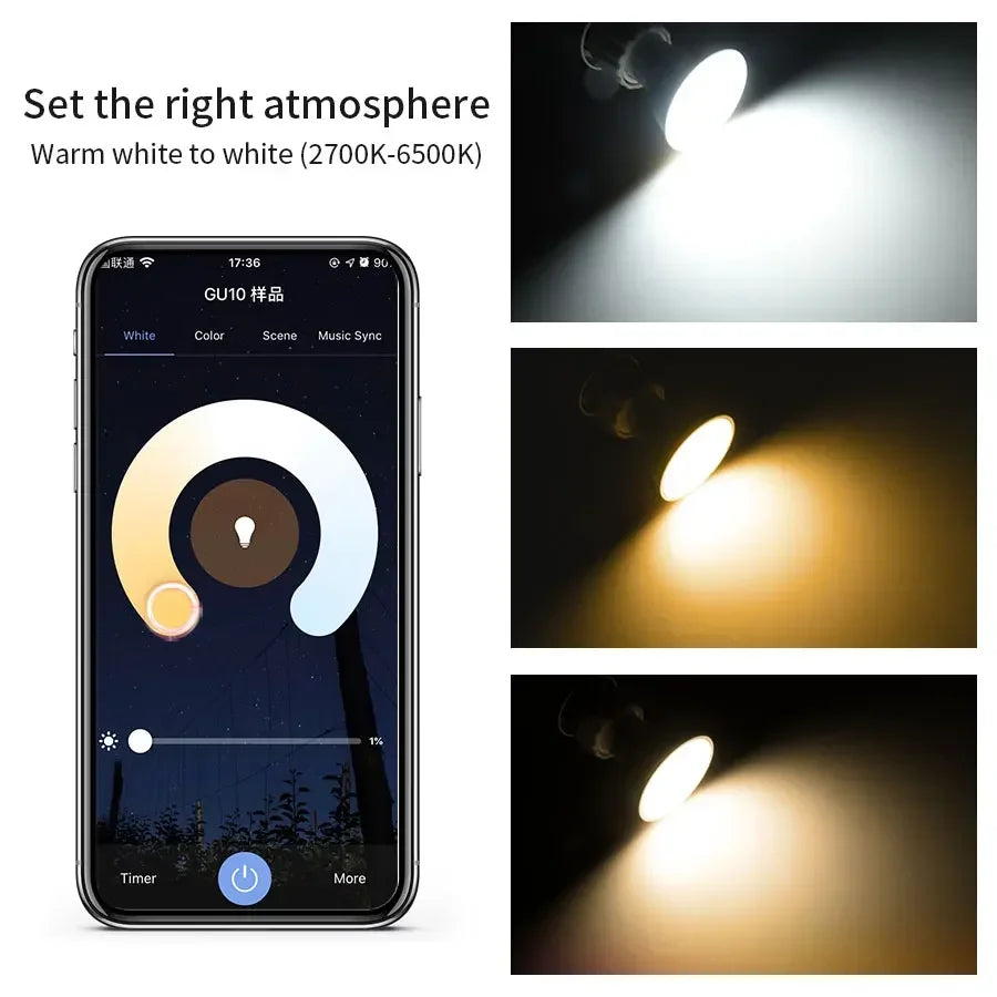 ampoule led wifi 5w 7w 9w gu10 projecteur blanc moderne télécommande application mobile