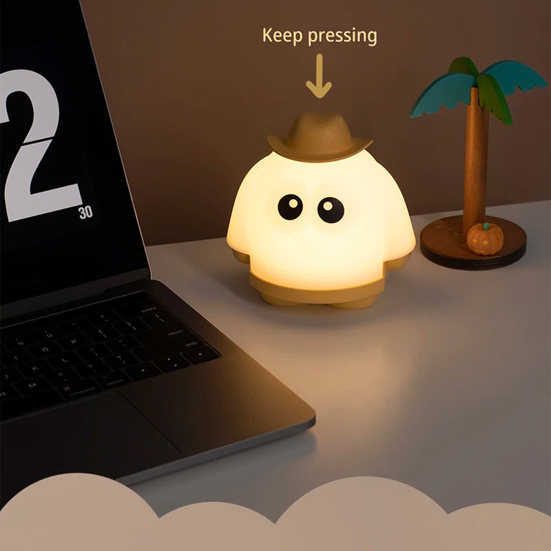 lampe nuit fantôme blanc dessin animé chapeau yeux arrondi mignon table rechargeable led