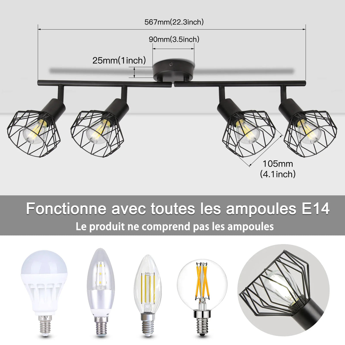 plafonnier led noir cage métallique industriel fixations vis salon chambre