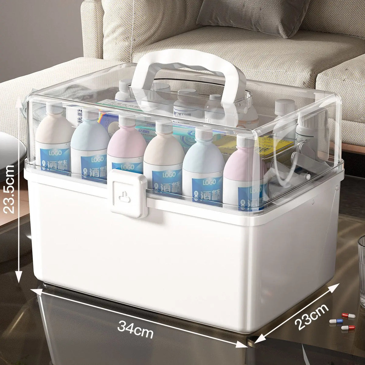 boîte rangement médicaments transparente moderne poignée blanc rose respectueuse environnement