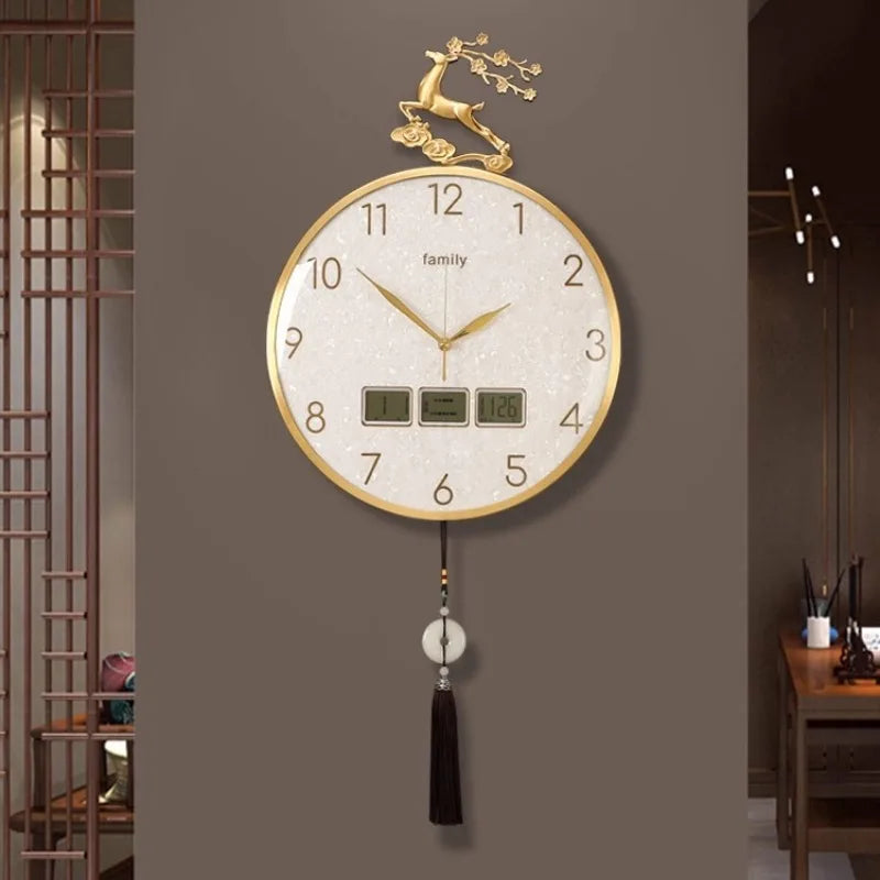 horloge murale moderne ornement cerf cadre doré aiguilles tissu noir pompon nouveau chinois