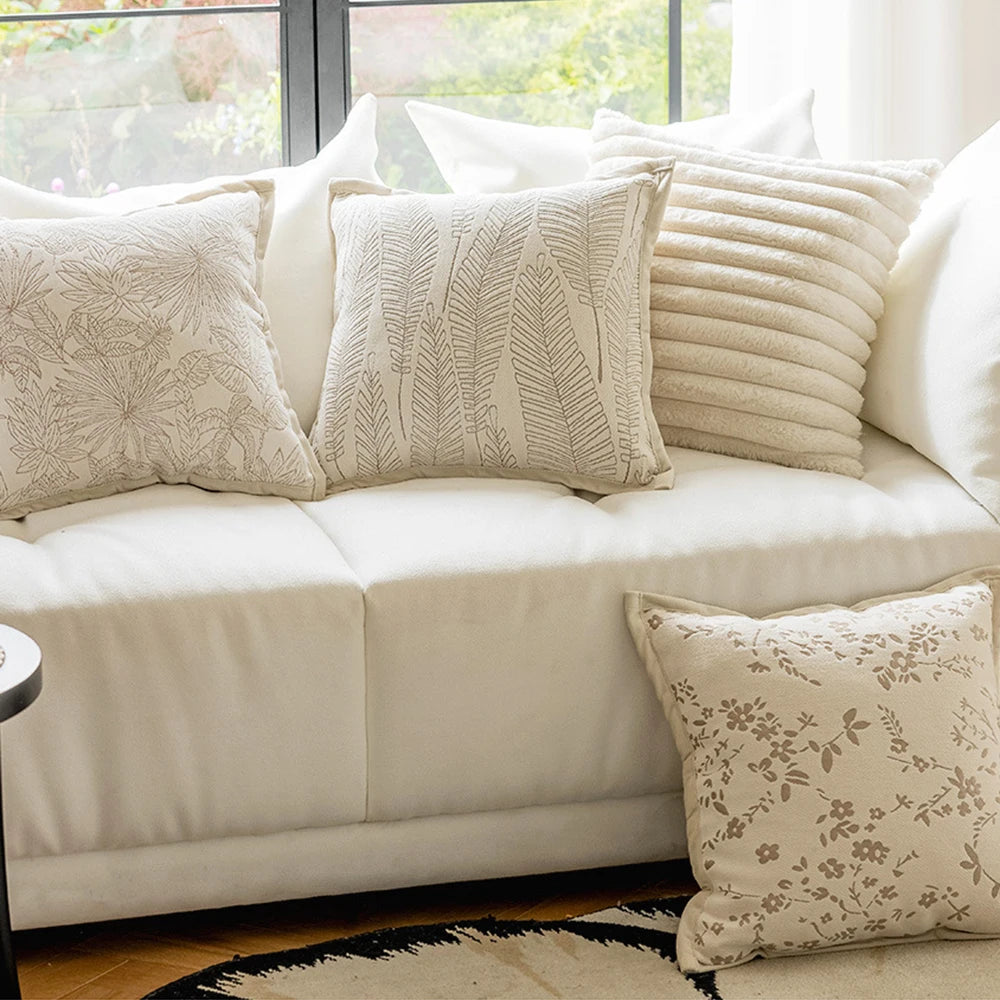 housse coussin beige motif végétal moderne coton polyester non toxique respectueux environnement decoration maison