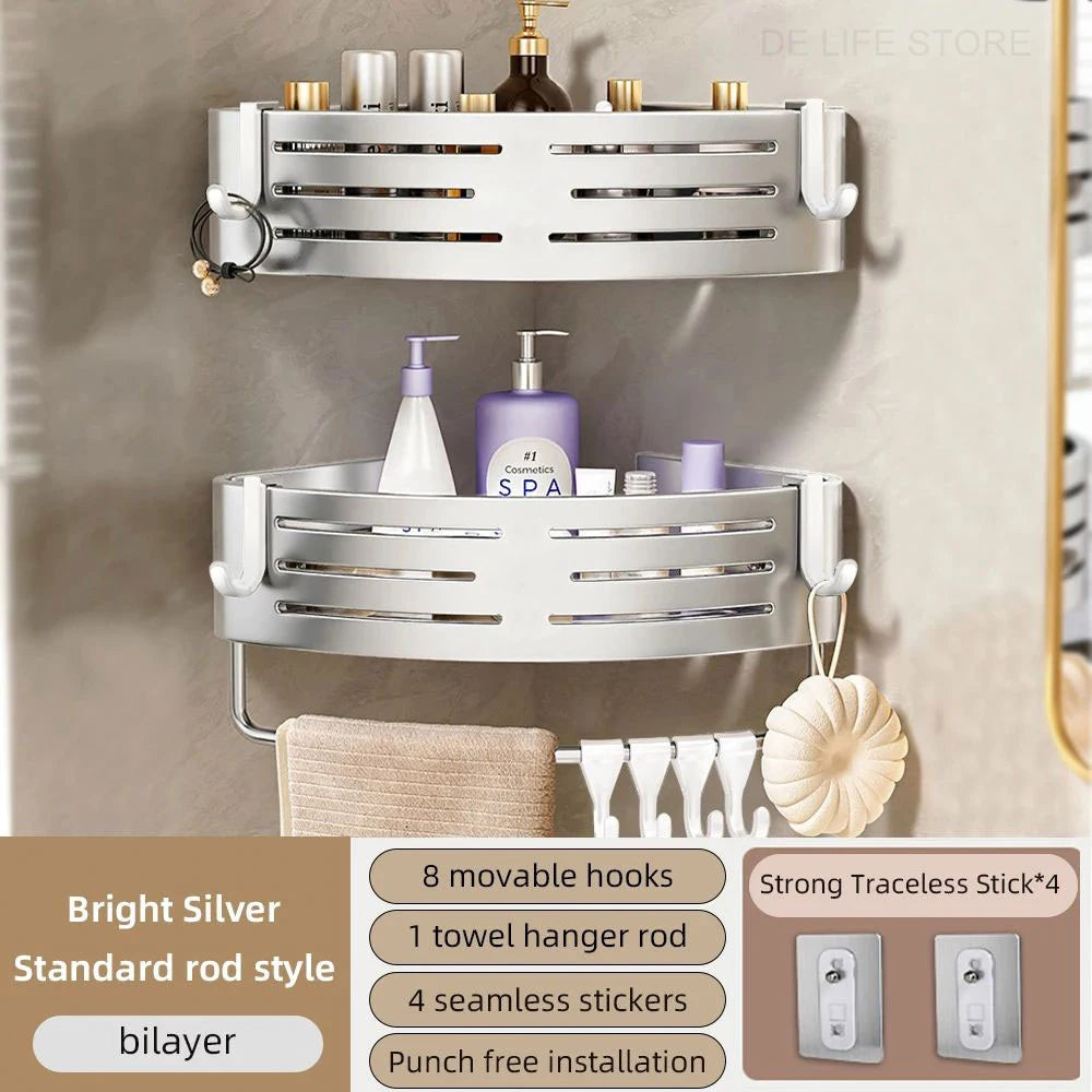 étagère salle bain aluminium double sans perçage moderne adhésif étagères crochets argenté