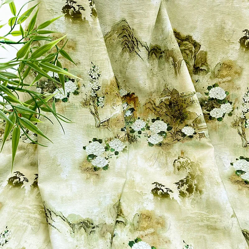tissu brocart semi transparent paysage asiatique polyester 150cm large beige vert marron blanc fleuri