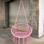 fauteuil suspendu macramé tissé motifs géométriques franges boho chic blanc beige noir rose bleu