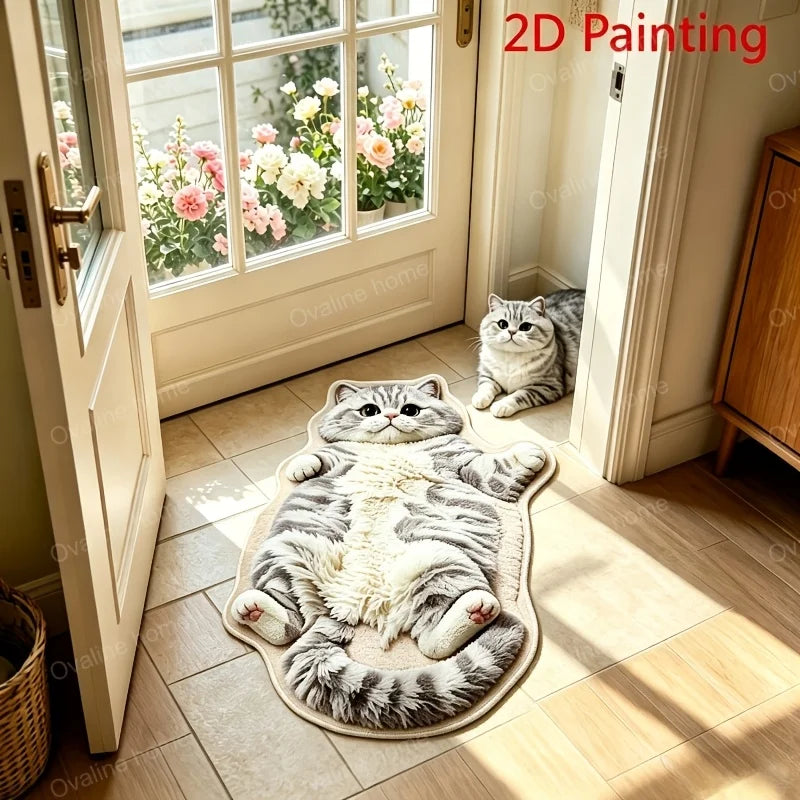 tapis sol chat tigré peluche gris blanc beige doux antidérapant chambre salon maison