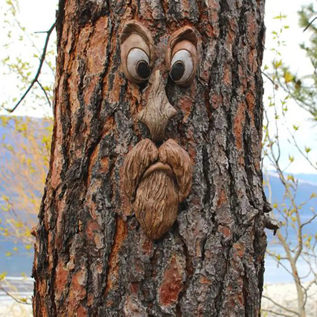 masque arbre résine yeux plastique moustache barbe artisanal jardin décoration pastorale naturelle