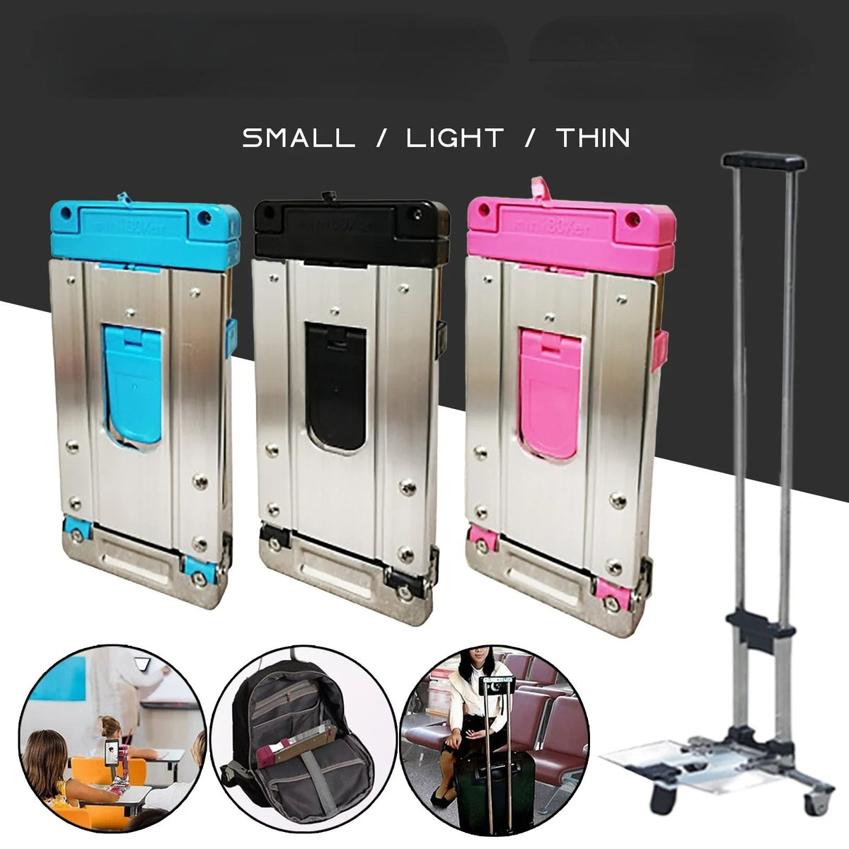 support téléphone pliable métal moderne bleu noir rose argenté clips roulettes