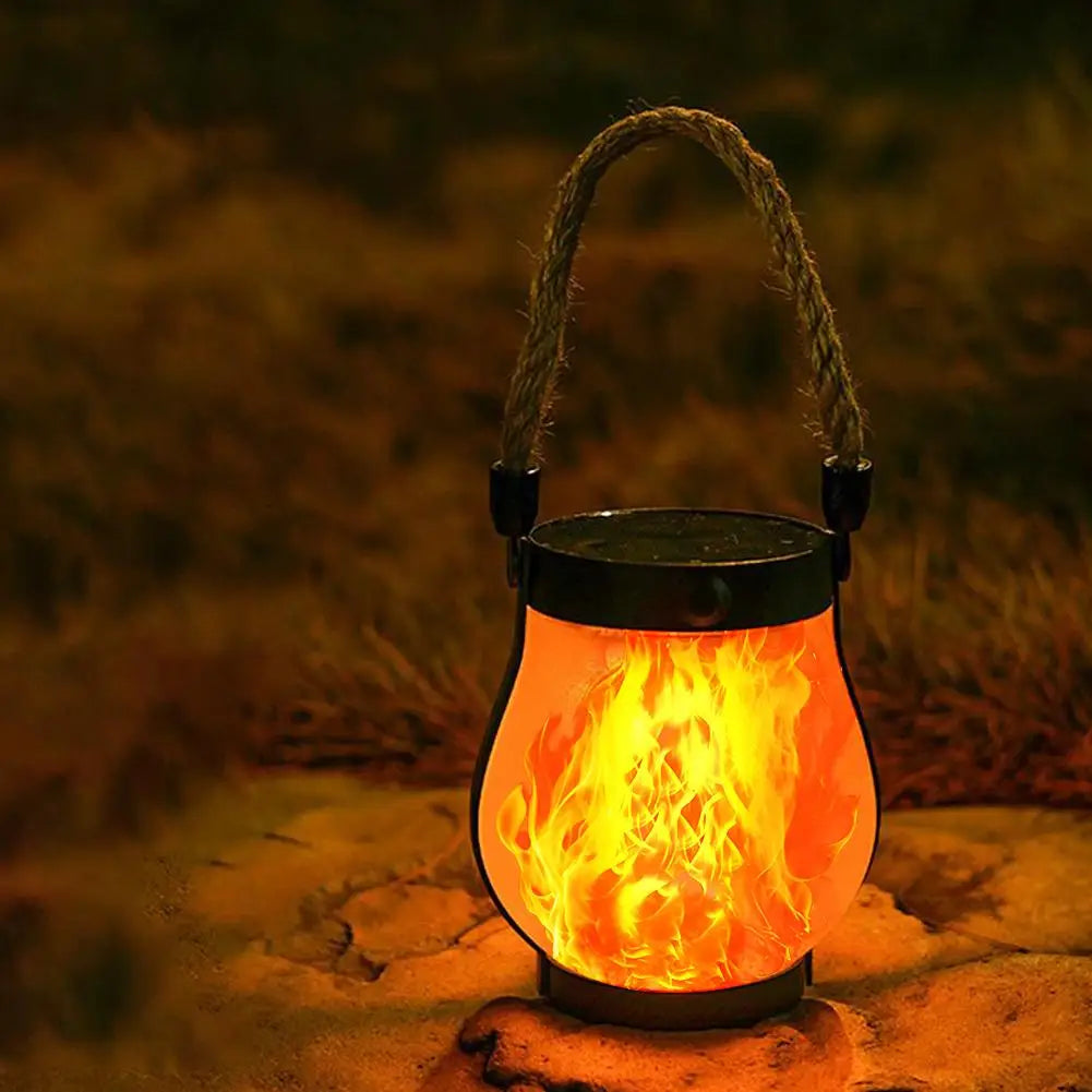 lanterne solaire rechargeable effet flamme transparente moderne rustique corde argentée noire orangée