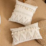 coussin beige géométrique frange boho chic intérieur décoration maison lavable