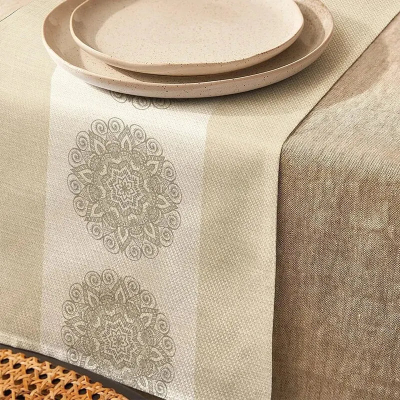 chemin table mandala floral lin rustique vintage 200cm longueur beige blanc cassé