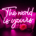 enseigne lumineuse néon carte monde THE WORLD IS YOURS bleu rose blanc fixations intérieur