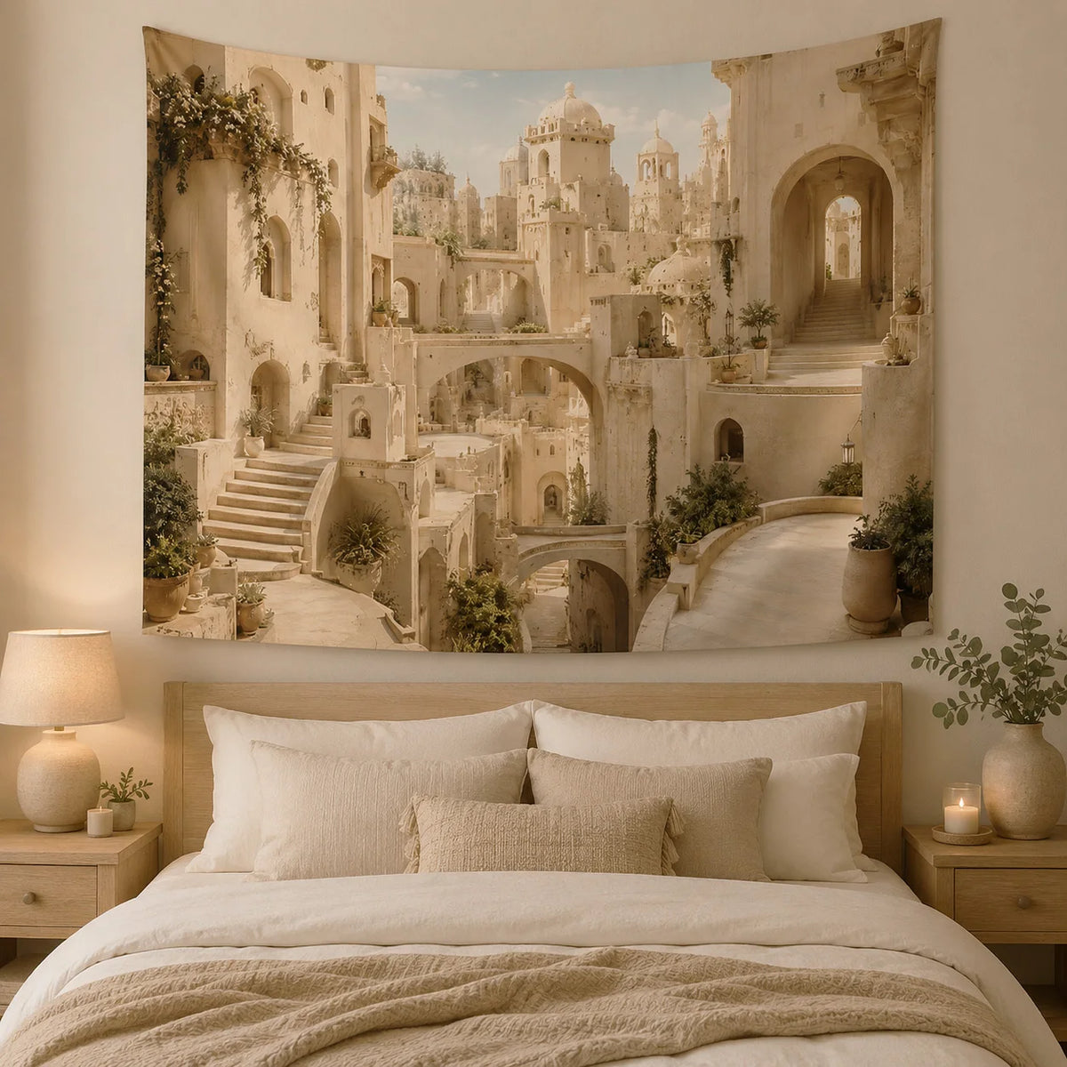 tapisserie murale beige classique paysages architecturaux escaliers arches vintage clips chambre