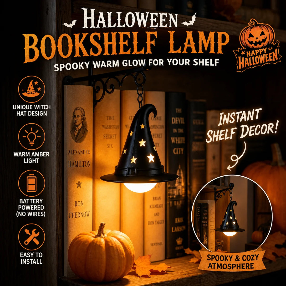 lampe bibliothèque led noire halloween chapeau sorcière fantôme lanternes vintage
