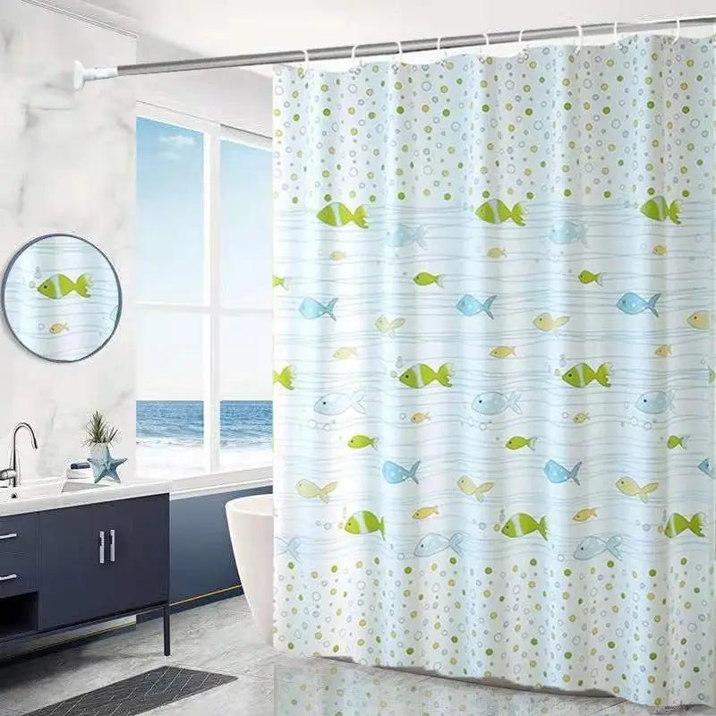 rideau douche poissons pois bleu clair vert jaune moderne enfant ondulé opacité anneaux