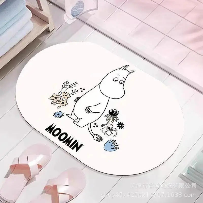 tapis sol moomin dessins animés rose clair blanc rouge bleu personnages fleurs illustration salle