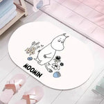 tapis sol moomin dessins animés rose clair blanc rouge bleu personnages fleurs illustration salle
