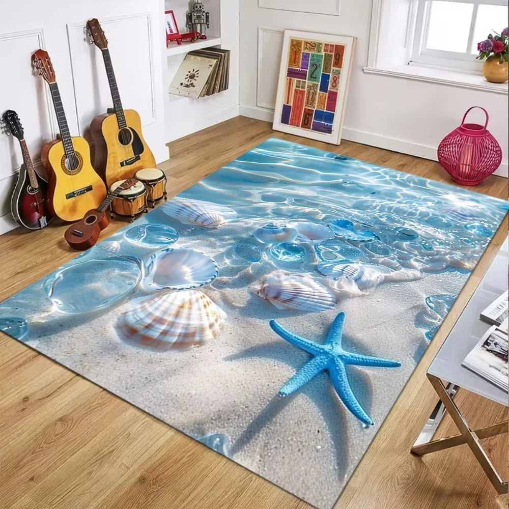 tapis moderne thème marin coquillages bleu blanc velours anti dérapant 80x120cm