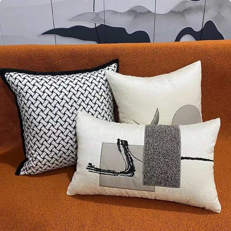taies d'oreillers patchwork géométrique blanc noir décoratives modernes adhésives maison voiture 45x45cm 30x50cm