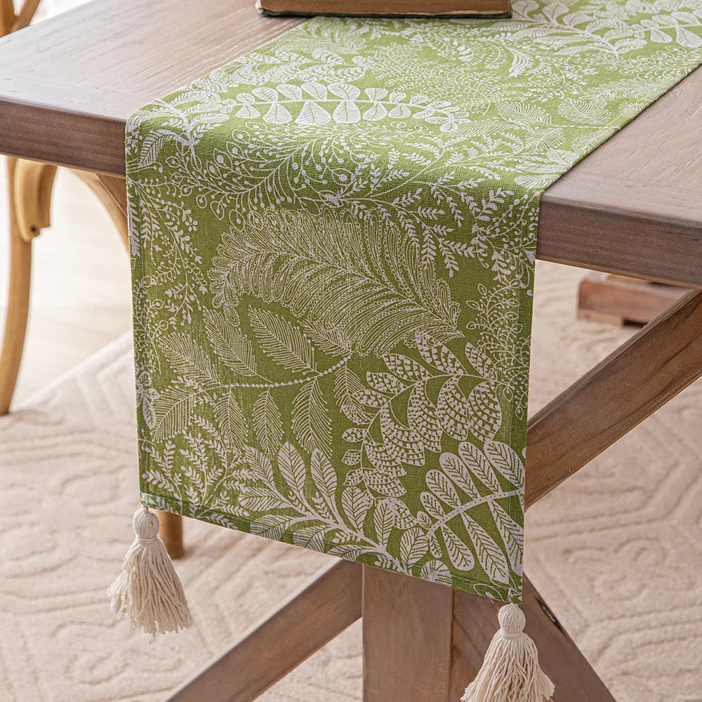 chemin table vert olive feuilles stylisées tassels blancs décoration printemps été automne hiver polyester