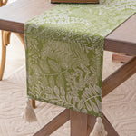 chemin table vert olive feuilles stylisées tassels blancs décoration printemps été automne hiver polyester