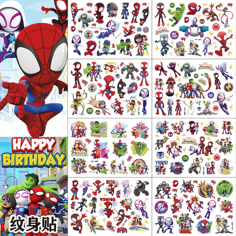tatouages temporaires spiderman personnages dessins animés adhésifs enfants anniversaire décoration rouge bleu vert