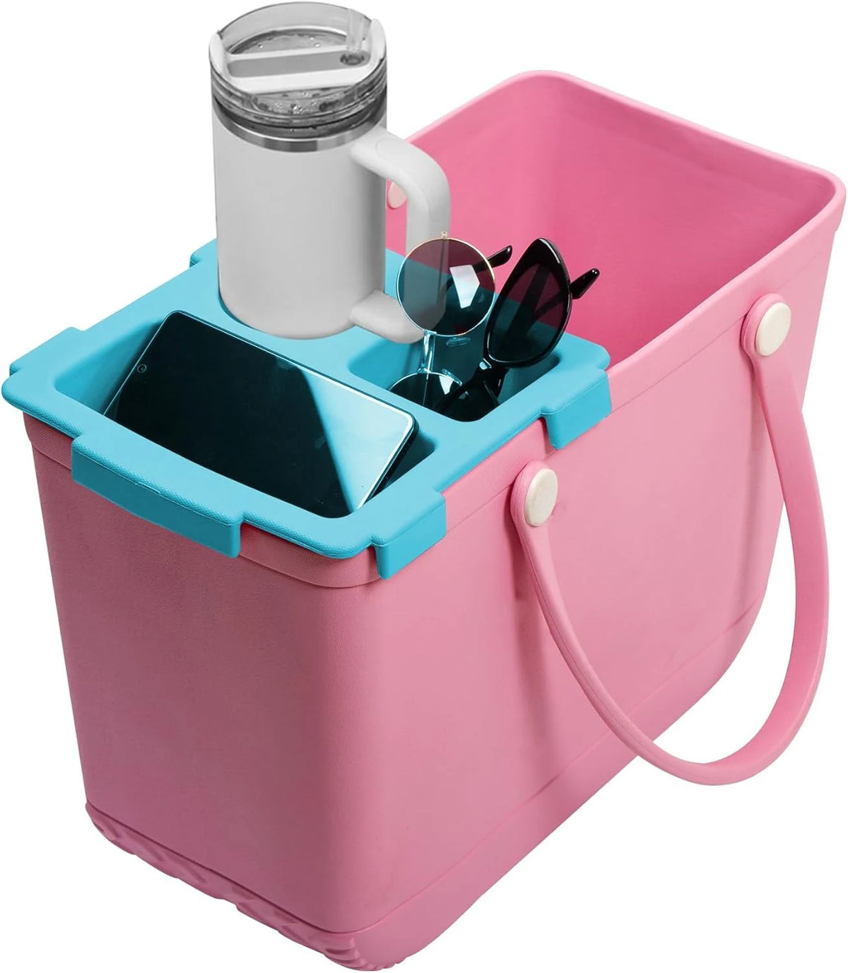 boîte rangement rose pratique compartiment smartphone lunettes soleil voyage moderne