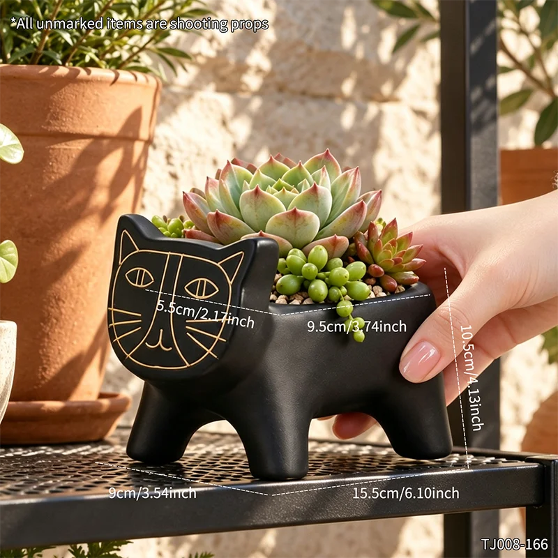 cache pot résine chat doré moderne plante verte décoration intérieure succulente face animé
