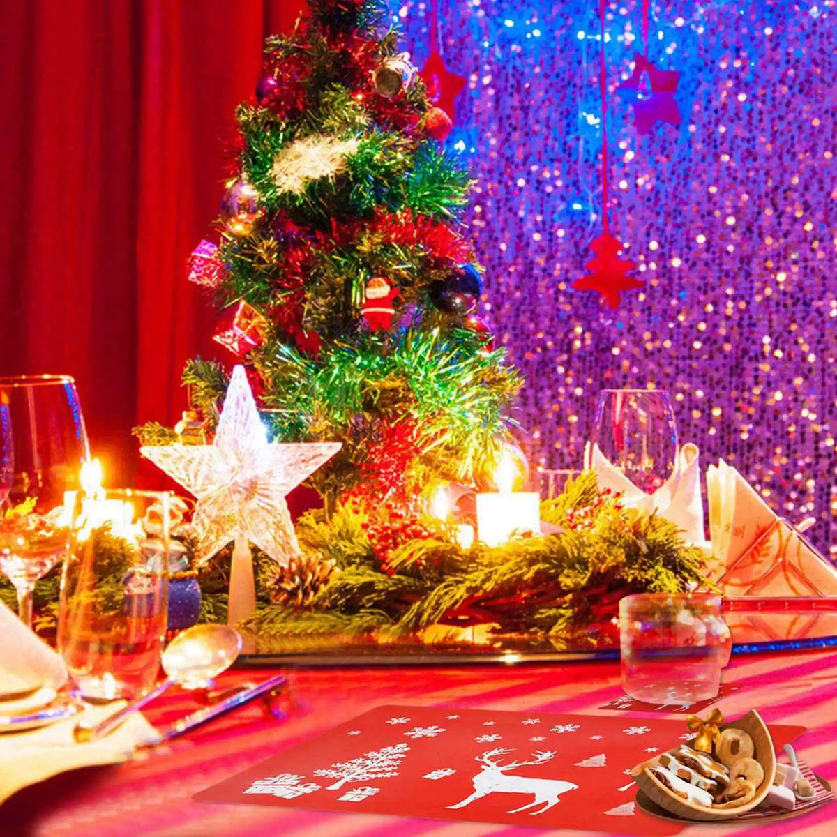 serviettes table noël rouge cerfs sapins flocons neige cadeaux set 12 grandes petites