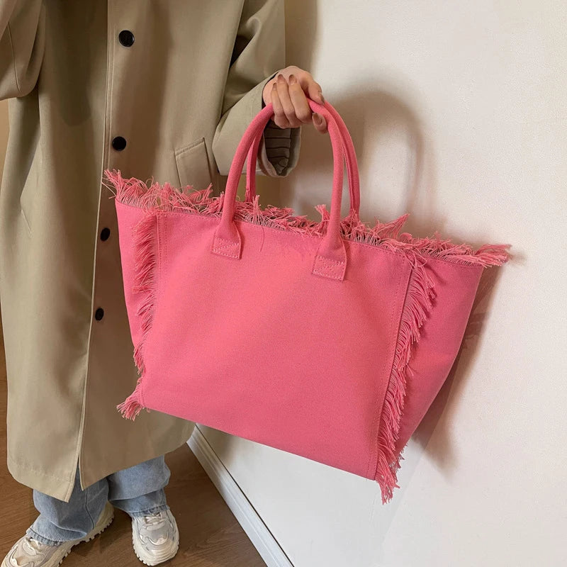 sac main moderne franges poignées détachables toile réutilisable blanc rose jaune noir