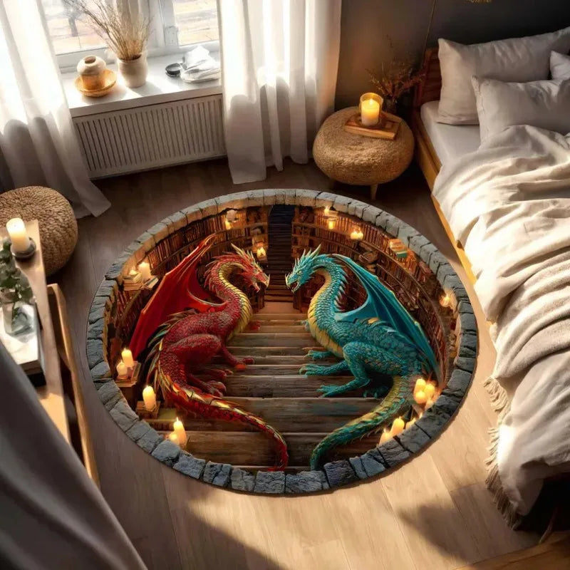tapis rond dragon livres bibliothèque moderne salon chambre décoration extérieur salle bain