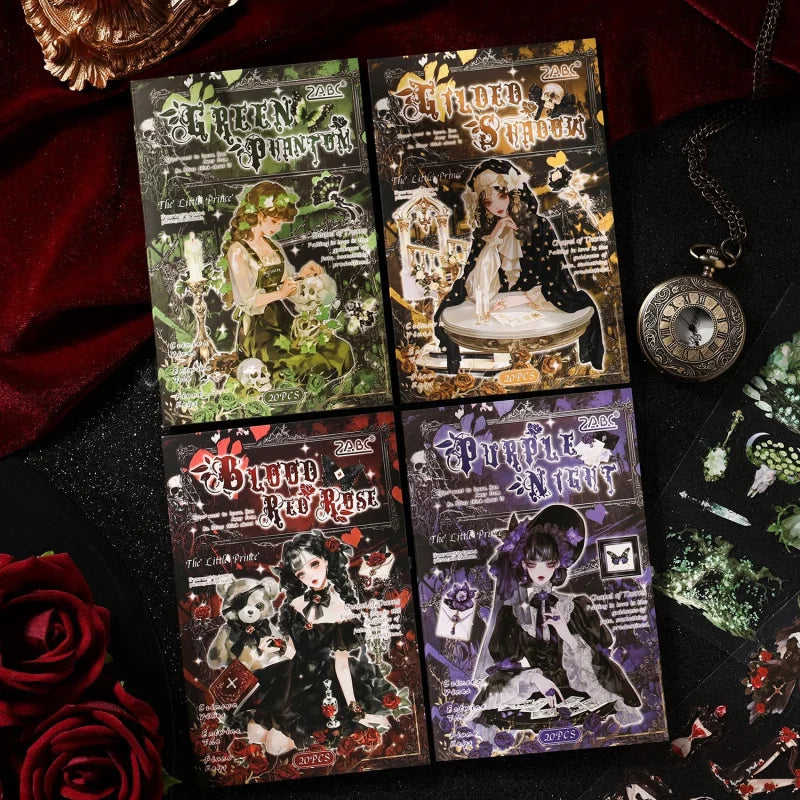 stickers gothiques roses châteaux papillons symboles mystiques noirs rouges blancs violets collection