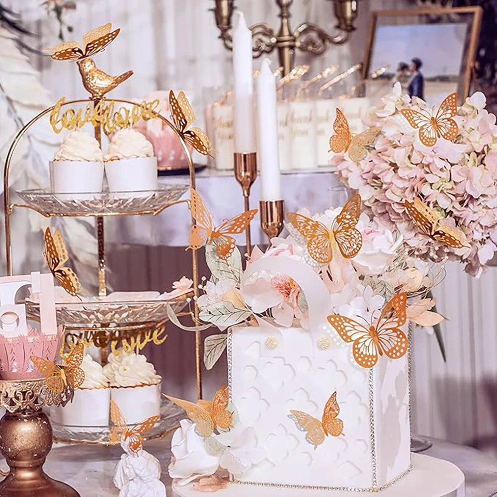 décoration gâteau papillon transparent rose doré 3d carton mariage anniversaire cupcake fête élégant
