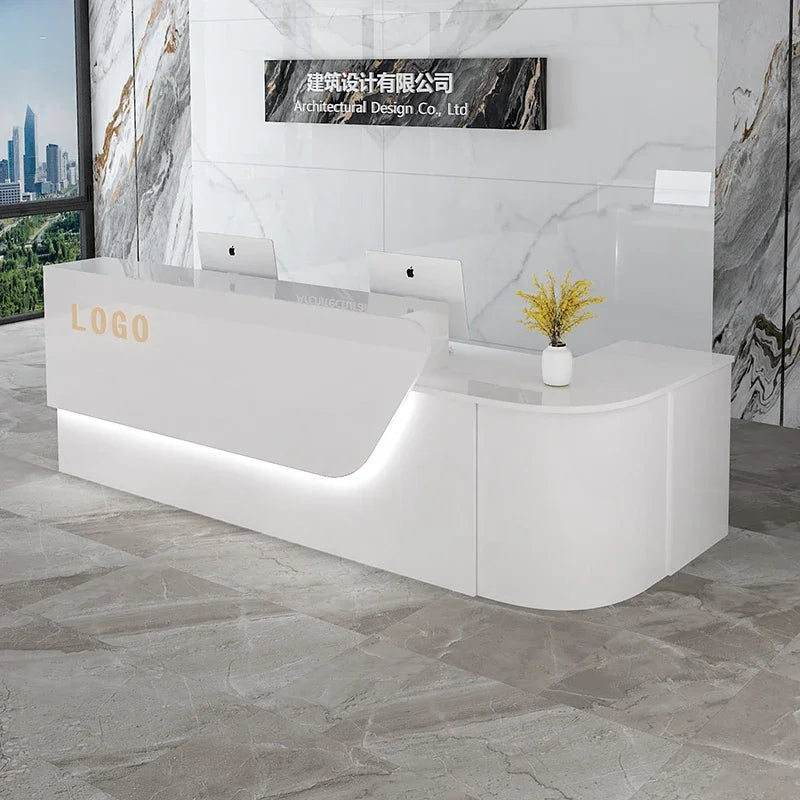 comptoir accueil moderne blanc tiroirs rangement mobilier commercial luxe minimaliste