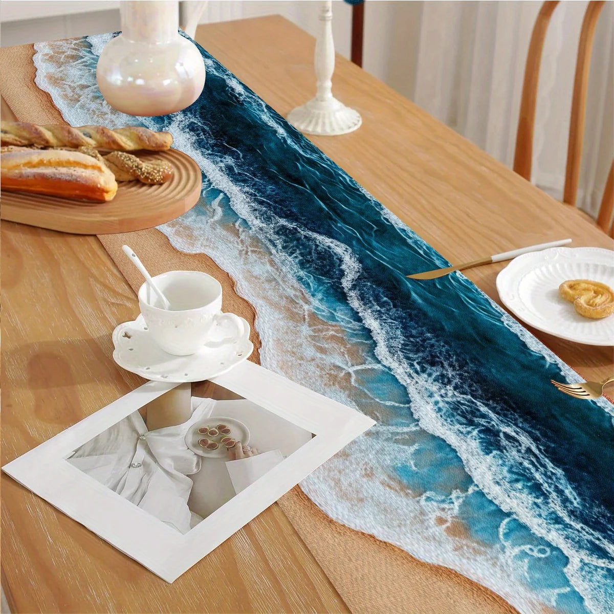 nappes polyester chemins table motif vague mer décoratives marin bohème aspect texturé semi transparent