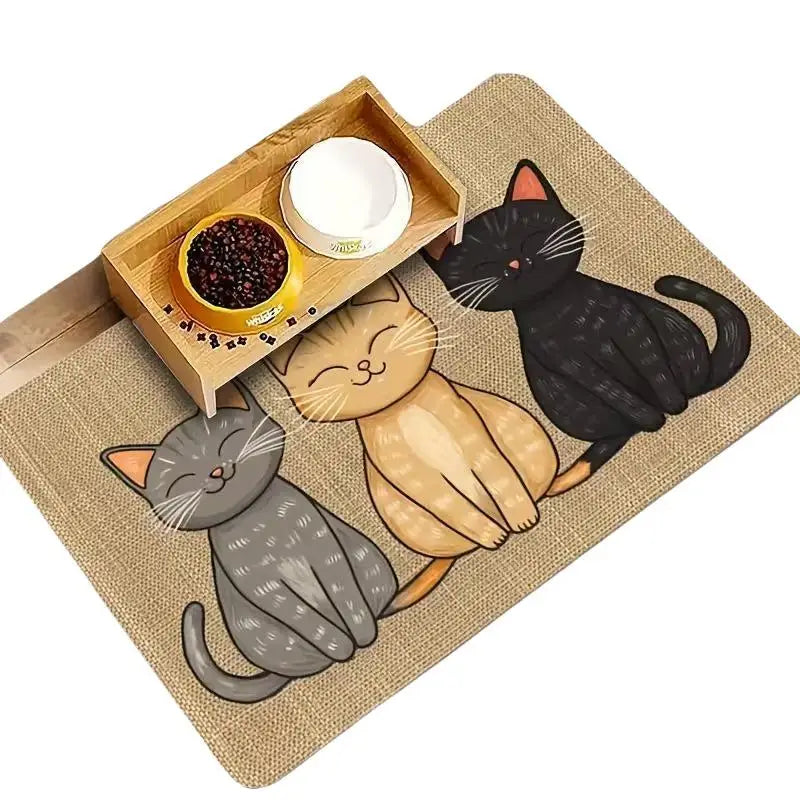 tapis antidérapant imperméable dessin animé chats couleurs variées toile jute cartoon assiettes alimentation chats