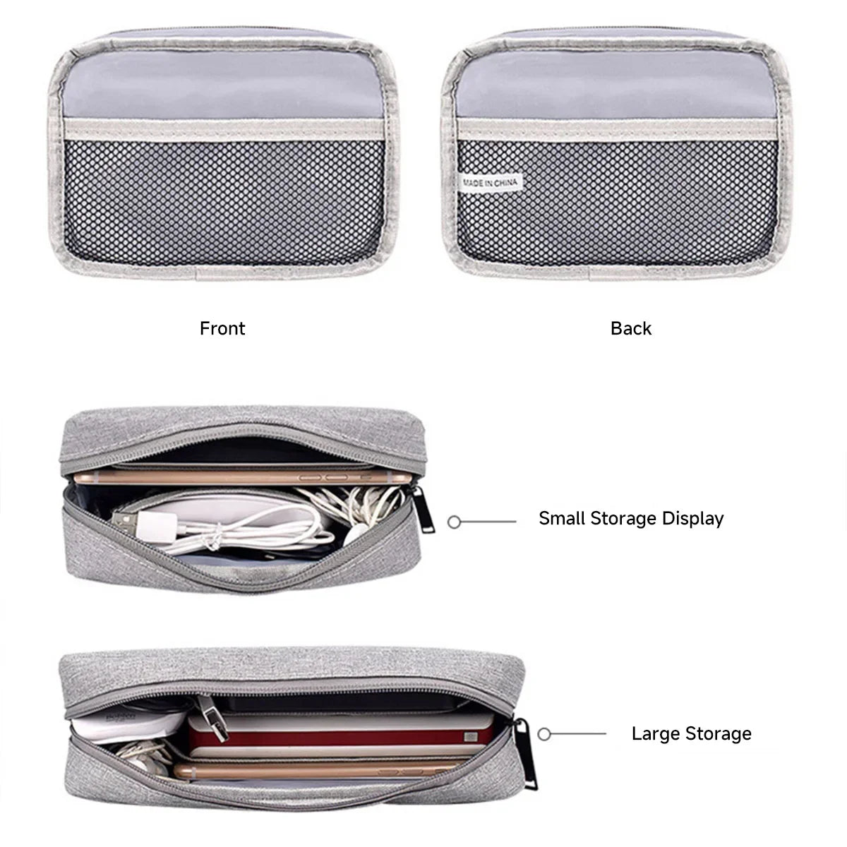 Sac main moderne toile gris clair zip compartiments internes taille 16 23 cm