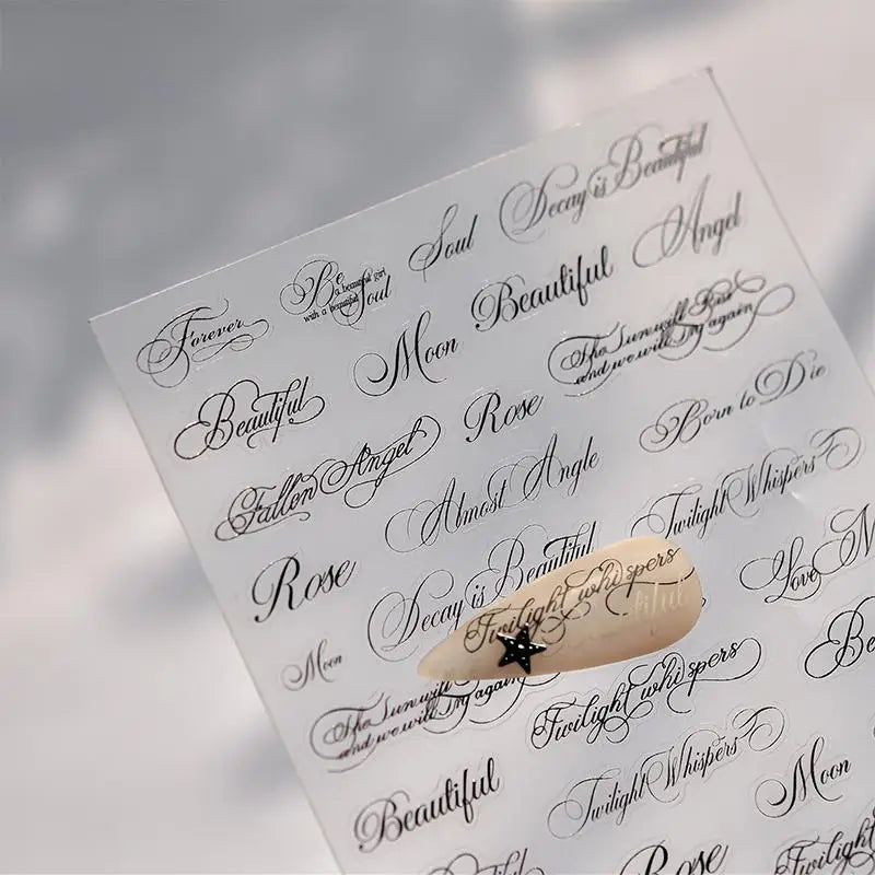 autocollants ongles calligraphiques transparents lettres noires texte blanc adhésif pinceau inclusion DIY manucure française