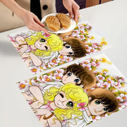 set table illustration manga personnages fleurs jaune rose rouge vert orange blanc marron vintage