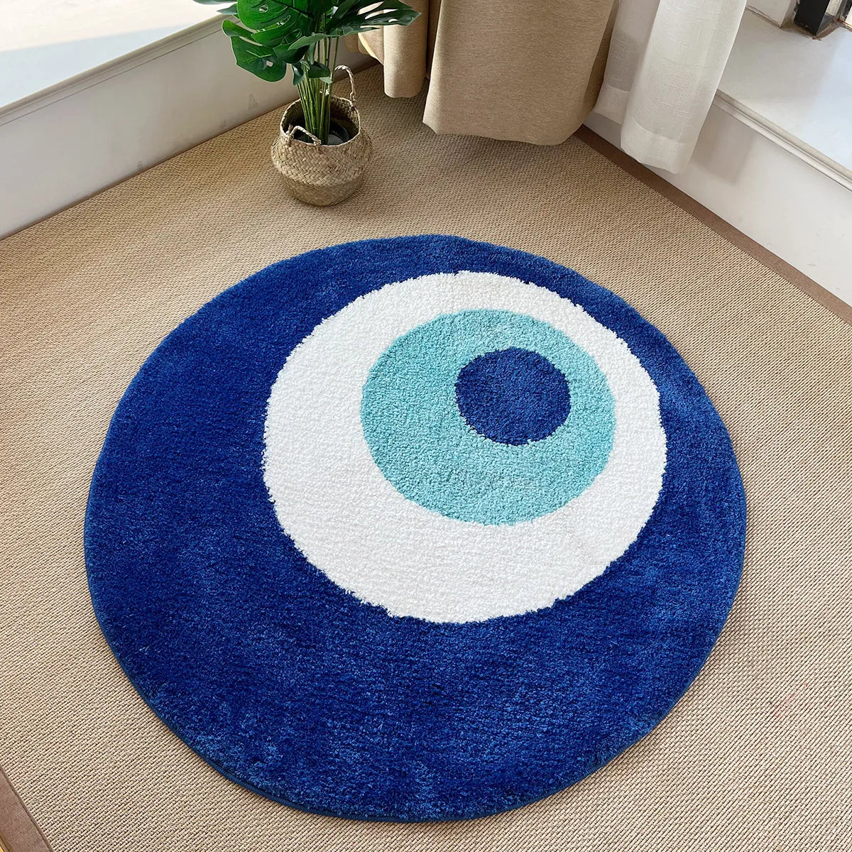 tapis rond œil bleu polyester moderne bleu foncé blanc poilue chambre décoration intérieure