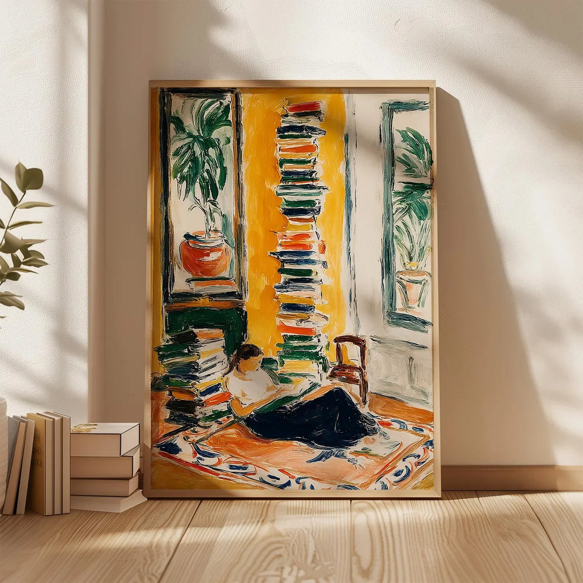 tableau moderne expressionniste abstrait jaune vert noir peinture intérieure décoration maison personnage livres plante