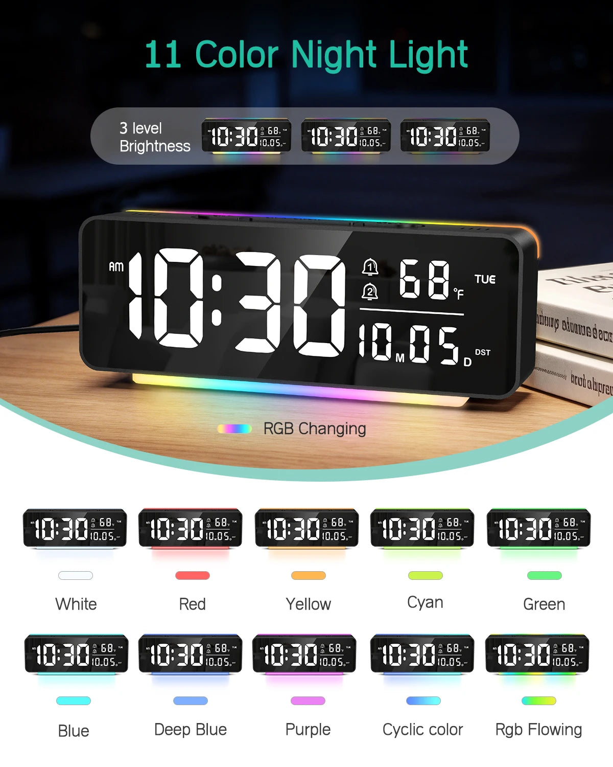 horloge numérique moderne led veilleuse rgb noir ambiancé affichage heure date