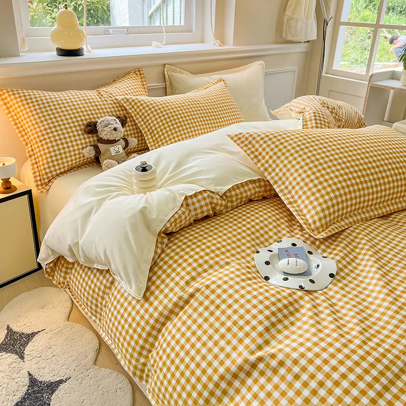 housses couette taies d'oreiller ensemble lit carreaux vichy jaune rose bleu gris minimaliste