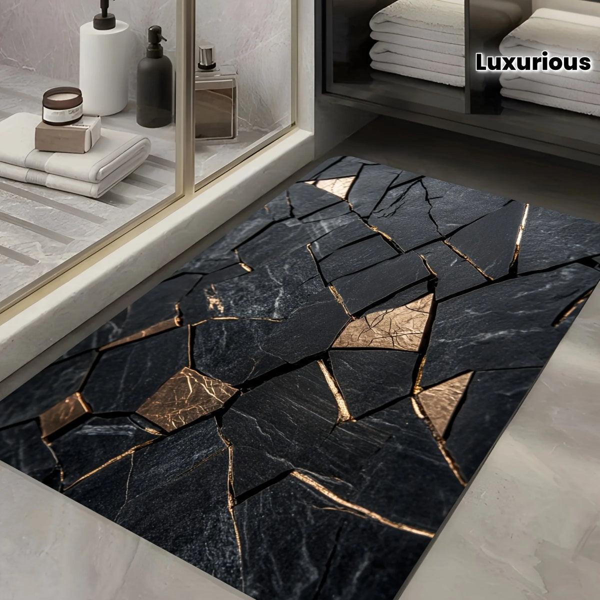 tapis noir doré marbre géométrique moderne élégant anti dérapant lavable salle bain cuisine