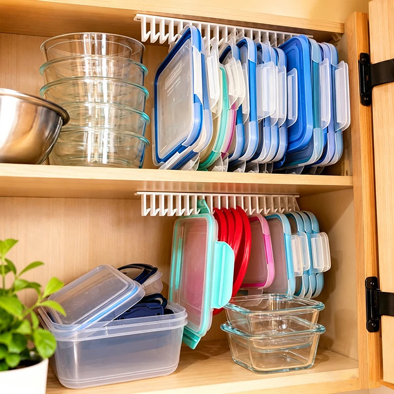 rangement couvercles blanc pratique moderne fixation murale compartiments divers conteneurs cuisine organizerHooks